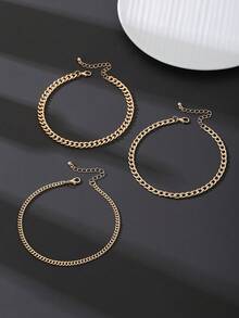 3 piezas de tobilleras de cadena de metal estilo hip hop punk personalizadas vintage básicas minimalistas para hombres, adecuadas para uso diario, festivales, regalo - Dorado - Ver 3