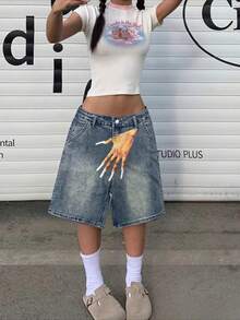 Dark Blue Washed Denim Retro Distressed Loose-Fitting Casual Shorts, Women'S Nail Art Pattern Jorts, Denim Shorts Capri, Summer Straight-Leg Shorts, Hip-Hop Street Style Denim Shorts, Everyday Commuter Jeans. - Màu xanh nhạt - Xem 4