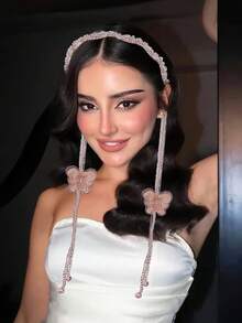 1pc Sweet Pink Crystal Long Tassel Headband, Elegant Butterfly Beaded Detachable Tassel Versatile Headpiece Suitable For Bride, Wedding, Festival, Carnival Party, Casual Wear - Pink - View 3