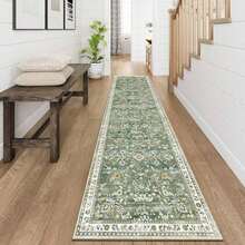 Flannel Washable Runner Rug 2x6 – Non Slip Boho Floral Hallway Runner Rug With Rubber Backing, Low Pile Faux Wool Distressed Carpet For Kitchen, Laundry, Bedroom, Entrance, Mottled Green - màu xanh lá - Xem 8