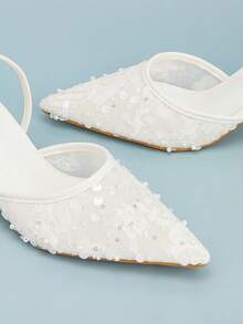 Pointed Toe Mesh Lace Pearl Sequin Backstrap Stiletto High Heel Mule Shoes - White - View 3
