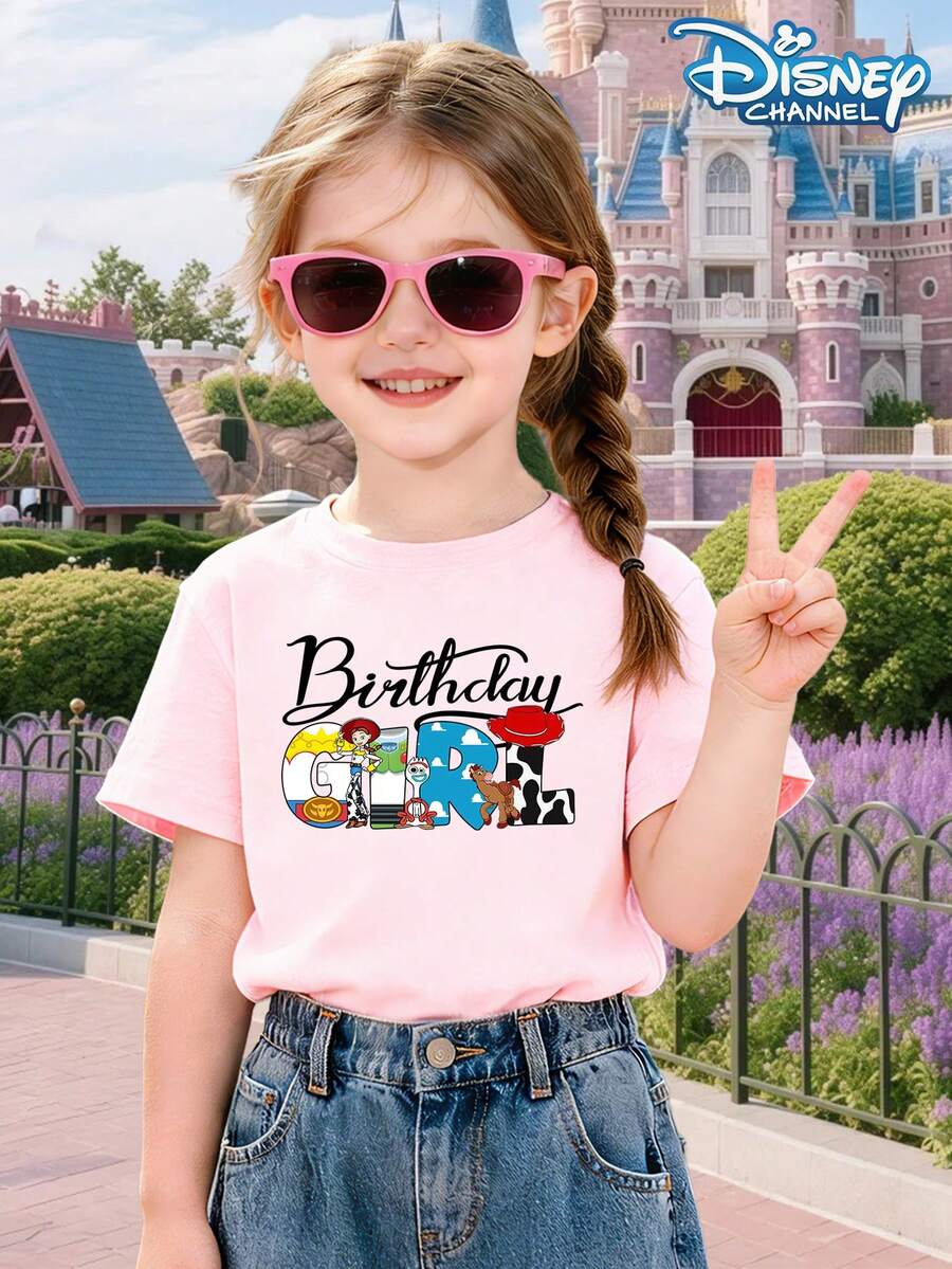 Disney T-Shirt Toy Story T-Shirt Girls' Round Neck Short Sleeved Print "Birthday GIRL" With Character Patterns Such As Cuisi And Red Horse, Sweet And Playful Style Suitable For Summer Birthday Parties/Parent-Child Travel/Amusement Park Dressing - Baby Pink - View 1