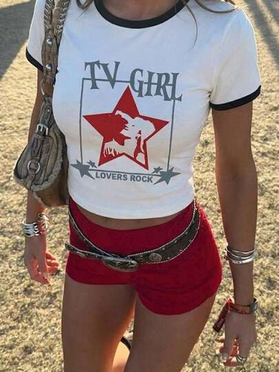 1 pieza Camiseta de mujer de manga corta y cuello redondo ajustada para verano, con estampado de pentagrama, corta al estilo Y2K, adecuada para primavera, verano, playa, calle, diario, trabajo, fiesta de oficina, salida, carnaval, festival de música, San Valentín, fiesta