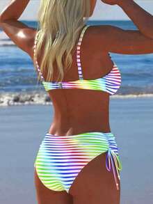 Women's 2 Pieces Rainbow Striped Ombre Backless Bikini Set, Beach Vacation Swimsuit - Multicolor - View 5