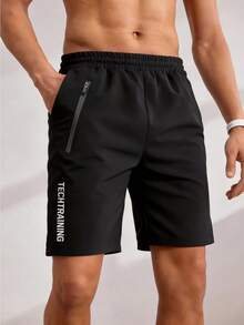 Driftmere 1 pieza de pantalones cortos deportivos de secado rápido para hombres con bolsillos con cremallera elegantes y diseño estampado, ligeros y transpirables, fáciles de usar para deportes - Negro - Ver 1