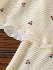 2pcs Baby Girls' Sweet Cute Cherry Print Round Neck Top And Flared Pants Set, Summer - Apricot - View 7