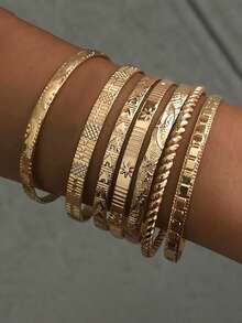 1 Set 12pcs Fashion Minimalist Elegant Exquisite Vintage Design Multi-Layer Stackable Old Money Style Geometric Ribbon Heart Face Embossed Texture Twisted Bead Cross Braided Disc Smooth Minimalist Plain Metal Bangle Bracelet Set For Holiday Vacation Party Date Gift Daily Commute Wear (Randomly Shipped) - Yellow Gold - View 3