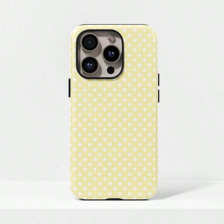 Yellow Background White Polka Dot Phone Case, Cute Y2K Style. Compatible With IPhone 17, 16, 15, 14, 13, 12, 11 Pro Max Plus Models - Yellow Background With White Dots - View 1