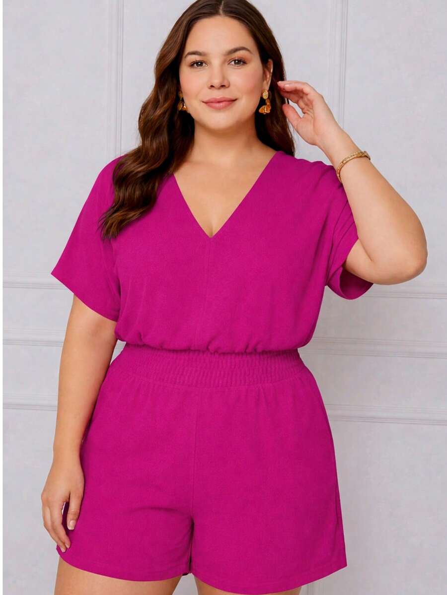 Stylish Short Jumpsuit With Comfortable Back Tie - Rose Red - View 1