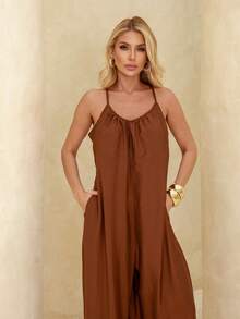 Women's Loose-Fitting Jumpsuit, Wide-Leg  Style, Jogger Style With Thin Straps And A Bow Tie - Comfortable And Elegant - 鏽棕色 - 查看 10
