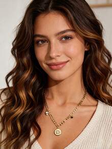 Charm-In Women's Gold-Plated Zirconia Halloween Layered Necklace, Engraved Round Pendant With Skull And Zirconia Playful & Quirky Style Jewelry, Suitable For Halloween Party, Holiday Outfits, Funny Gift For Girlfriend/Best Friend - Gold - View 2