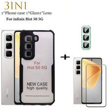 适用于Hot 50 5G手机的3合1保护壳套装：亚克力防摔磨砂透明保护壳 + 9H硬度钢化玻璃屏幕保护膜 + 3片摄像头镜头保护膜，适合游戏、户外活动、上学、旅行等场合。 - 黑色 - 查看 4