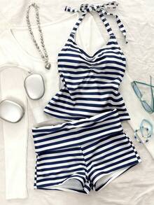 Bộ đồ bơi hai mảnh dành cho nữ, áo crop top kẻ sọc thanh lịch và gợi cảm kết hợp với quần short, thích hợp cho kỳ nghỉ, bãi biển, bơi lội và các dịp khác, phù hợp cho mùa Thu/Đông và Xuân/Hè 2026. - Màu xanh đậm - Xem 8