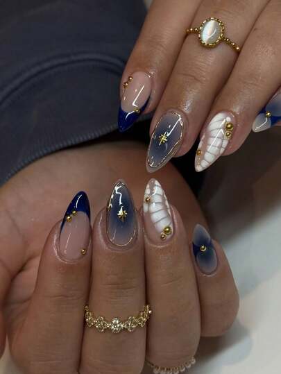 24pcs Almond-Shaped White Tie Dye Gold Accent 3D Nail Tips, Includes Gel Nail Glue And Nail File, Elevate Your Style For Holidays, Everyday Wear, Suitable For School, Office, Party Nails