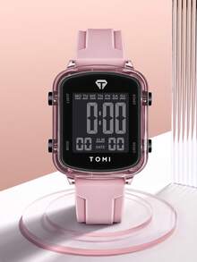 TOMI 1件装极简高科技方形表盘多功能日历手表，运动风格，适合日常佩戴，也是万圣节、圣诞节等节日的理想礼物。 - 粉色 - 查看 2