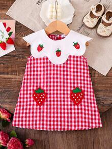 Baby Girl Summer Dress, Red & White Plaid, Strawberry Embroidery, Ruffle Collar, Sweet & Cute Outfit - Red - View 1