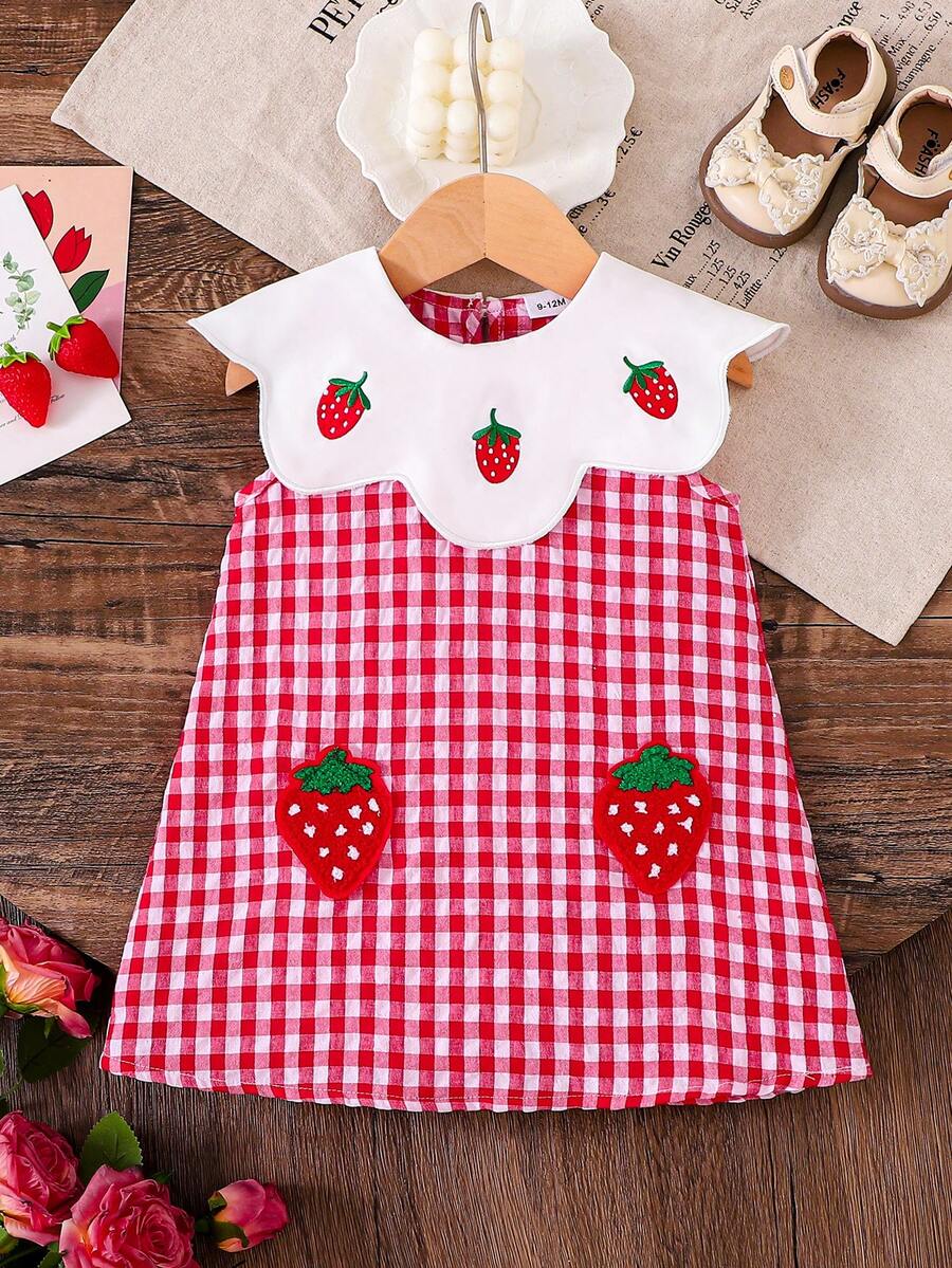 Baby Girl Summer Dress, Red & White Plaid, Strawberry Embroidery, Ruffle Collar, Sweet & Cute Outfit - Red - View 1