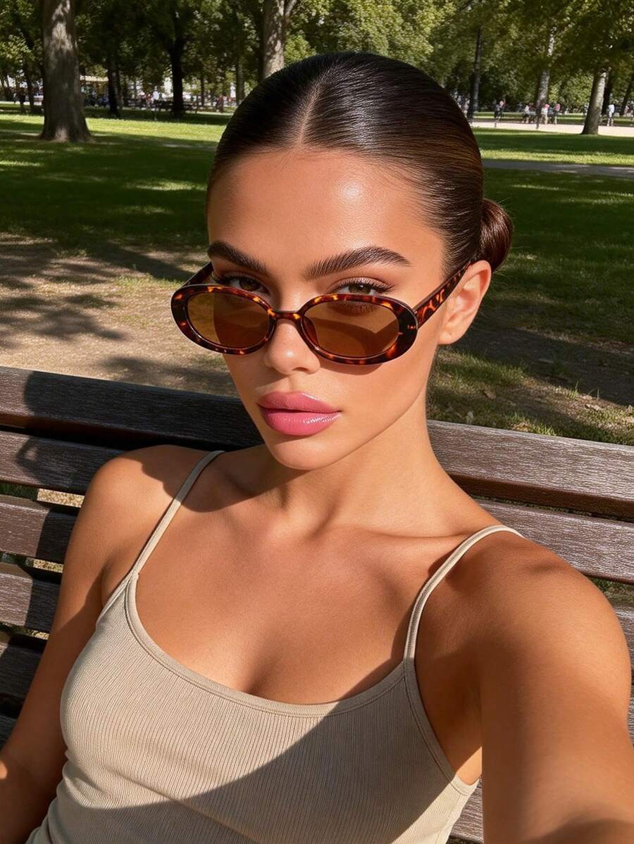 1pc Women's Fashionable Oval Frame Fashion Glasses, Classic Style Suitable For Daily Life And Summer Travel - 1pc trà đậu phụ khung - Xem 1