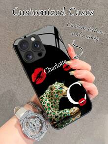 1pc DIY Customized Emerald Leopard Print Red Lip Initial Name Phone Case, Liquid TPU Full Edge + Tempered Glass Material, Shock-Resistant Scratch-Resistant Phone Shell Compatible With Apple 17 ProMax/16 ProMax/15 Pro/14 Plus/13 Pro/12 Pro Max/11/Xs Max/8/7/6 Plus, S24 Ultra/S25 Ultra, /, Fashionable Black Glass Protective Cover - Black - View 7