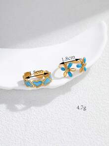 2 piezas Conjunto de anillos de mujer con flor de esmalte azul minimalista de acero inoxidable, adecuado para uso diario o como regalo - Amarillo Oro - Ver 2