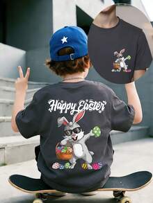 Camiseta con estampado de conejo y huevos de "FELIZ PASCUA" para niño preadolescente, adecuada para uso festivo, uso casual, uso urbano, top de verano de moda. ¡Regalo de Pascua ideal para niños, atuendo perfecto para celebrar la Pascua! - Gris Oscuro - Ver 4