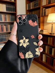 1pc Lily Flower Painted Phone Case Suitable For IPhone 11 12 13 14 Pro Max, 16e 17 Air A12 S25 A55 - Black - View 4