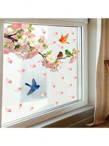 1pc Flower Branch & Bird Window Sticker, Self-Adhesive Removable Design, Creates Natural Scenery For Bedroom, Living Room Or Study, Multi-Space Natural Style Window Decor Set, Unifies Visual Effect For Home Or Office Glass, Instantly Brightens Sunny Window View, Easily Adds Joyful Natural Ambiance In Sunlight - Birds On Flowers - View 3