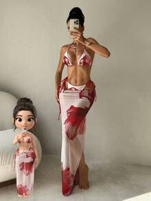 2026 Women's 3-Piece Bikini Set, White Red Floral Print Triangle Cup Swimsuit With Side Tie Bottoms & Beach Skirt, Sexy Summer Beach Vacation Outfit - Multicolor - View 1