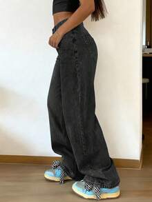 女士复古宽松直筒牛仔裤，黑色，休闲百搭，春季款 - 黑色 - 查看 5