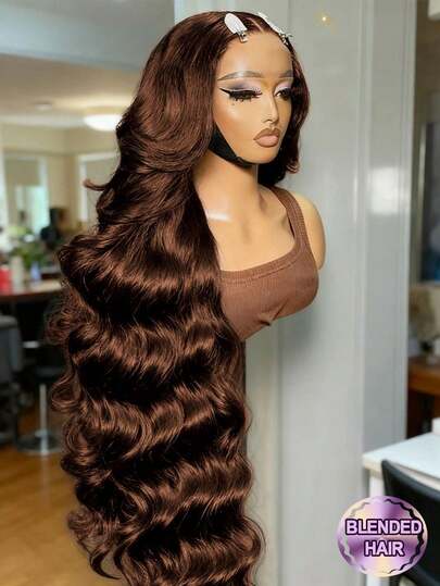 13x4 HD Lace Front Human Hair Wig With Bangs, #4 Brown Color, Brazilian Virgin Hair, Glueless Lace Front Wig With Wavy Texture, Includes Baby Hair, Natural Hairline, Natural Look