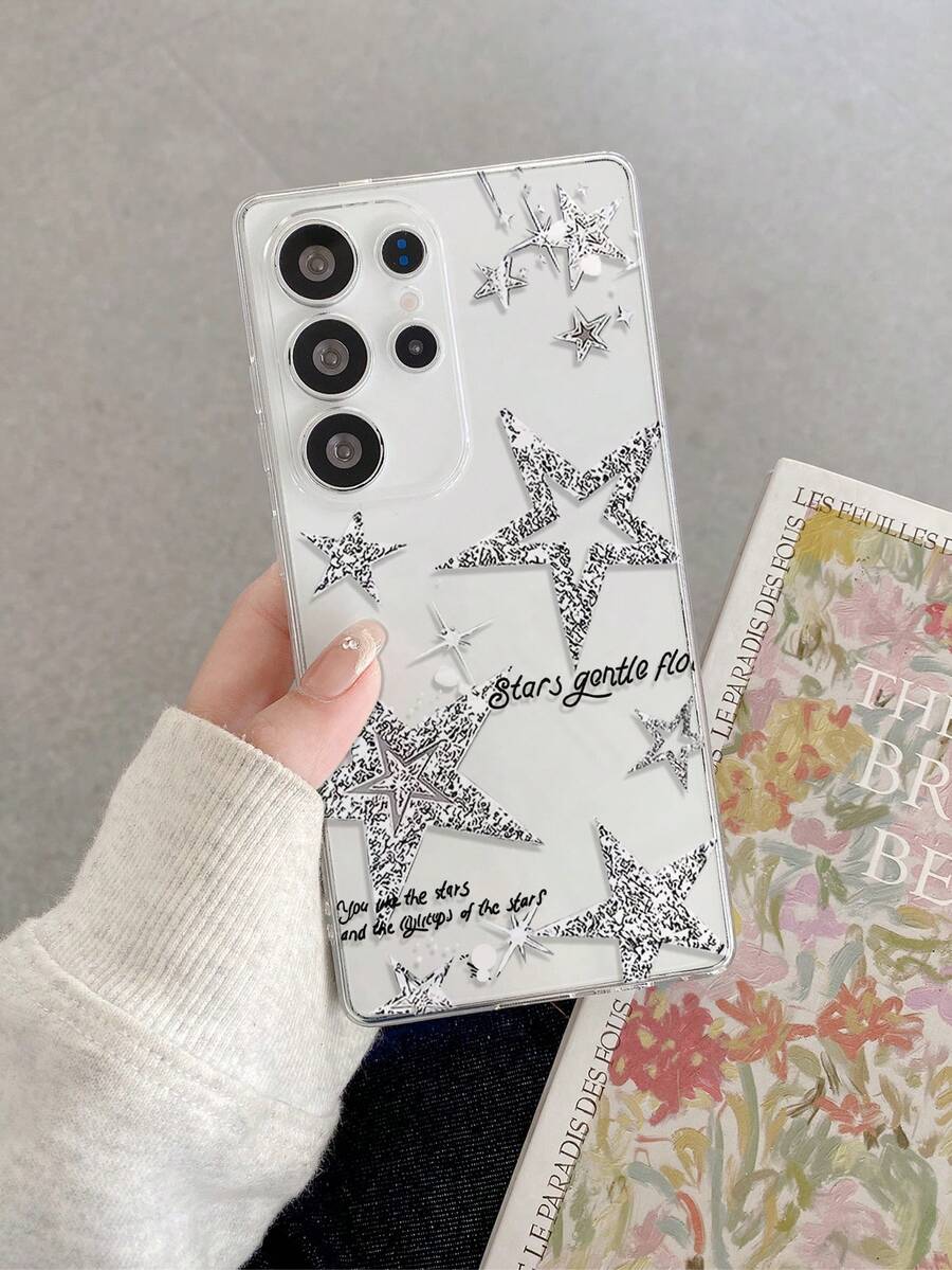 1pc Fashionable Creative Full-Screen Star & Letter Pattern Transparent Soft TPU Shockproof Anti-Scratch Anti-Fingerprint Phone Case, Camera Lens Protection Compatible With Samsung, Nothing, Pixel, - Multicolor - View 1