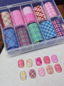 日式格子美甲印花箔，采用四季棕色条纹密胺面料设计，适合美甲沙龙DIY，轻松打造美甲造型，也可作为女士节日礼物赠送（需搭配印花胶使用） - 彩色 - 查看 22