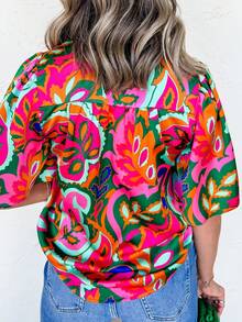 Acelitt Blusa de manga corta con cuello en V y cordones con estampado floral de rosas, ideal para vacaciones de verano - Rosa Roja - Ver 2