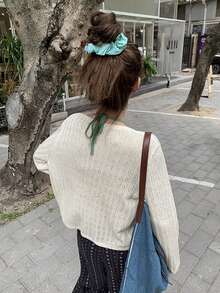 休闲简约镂空针织开衫，修身短款防晒外套，女士春夏款 - 杏色 - 查看 6