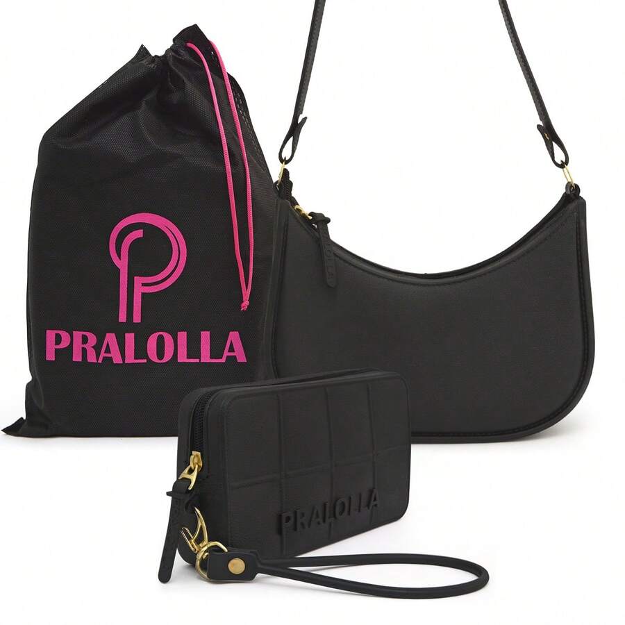 Women's Half-Moon Shoulder Bag Set (Crossbody) + Waterproof Rubberized Wallet - Black - View 1