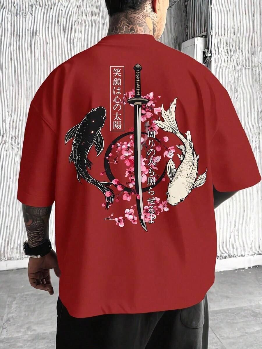 Unisex Japanese Style T-Shirt | Black And White Cherry Blossom And Koi Carp With Samurai Sword Design | Casual Loose Fit, Crew Neck, Comfortable Fabric, Ideal For Spring And Summer - Đỏ - Xem 1