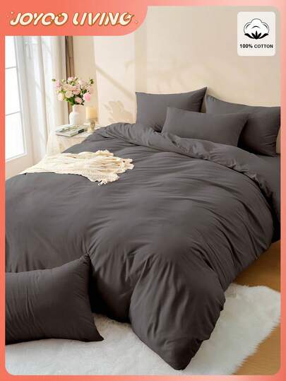 2/3件套纯色被套套装，100%纯棉床上用品，超柔软抗起球，亲肤透气，四季皆宜，可机洗，时尚卧室/婚房装饰，多种尺寸可选，不含被芯和枕芯，家居必备，带拉链，房间装饰，送给父母/朋友的礼物，深灰色