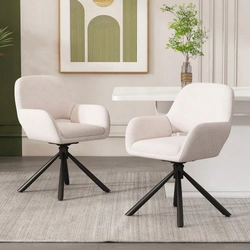 Swivel Dining Chairs, Sherpa Fabric, Set Of 2, With Armrests, Modern And Minimalist Style, White - Apricot - View 1