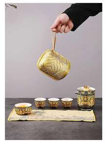 一套中国功夫茶具，方便野餐和露营，珐琅银龙功夫茶具旅行套装，生日和结婚礼物，1个茶壶，4个茶杯 - 彩色 - 查看 10