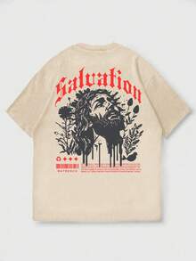 男士圆领短袖印花休闲上衣，日常穿着 - 杏色 - 查看 4