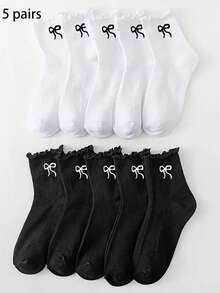 5/10双新款女童袜，荷叶边设计，透气舒适，蝴蝶结装饰，刺绣工艺，中筒袜，春夏时尚，简约百搭 - 彩色 - 查看 9