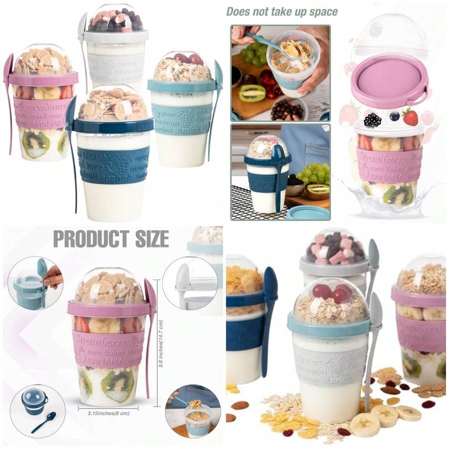 4 tazas de yogur parfait para desaysobre la marcha, recipientes de plástico reutilizables con tapas y cucharas, taza de yogur pa - Ver 1