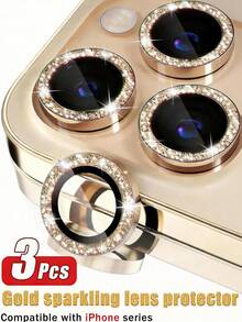 3 piezas Protector de lente de cámara con brillo dorado para iPhone 17 Pro Max/17 Pro/16 Pro Max/16 Pro/16/16 Plus/15 Pro Max/15/15 Pro/15 Plus/14 Pro Max/14 Pro/14/14 Plus/13 Pro Max/13/12/11, diseño con brillo, vidrio templado 9H, anillo de protección metálico separado, adecuado para fundas de teléfono, ideal como regalo del Día de San Valentín, adecuado para uso diario, oficina, hogar, resistente al agua, anti-caída, anti-arañazos, brillo cristalino - Dorado - Ver 12
