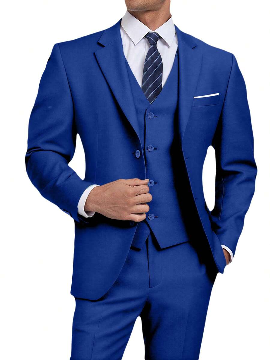 Men's Suits Gentleman Simple Slim Fit Single Breasted Business 3 Pieces Suit For Men Blazer Vest Pants Set Wedding Party Holiday Travel Size XS-3XL Fall Winter Clothes For Men - 寶藍色 - 查看 1