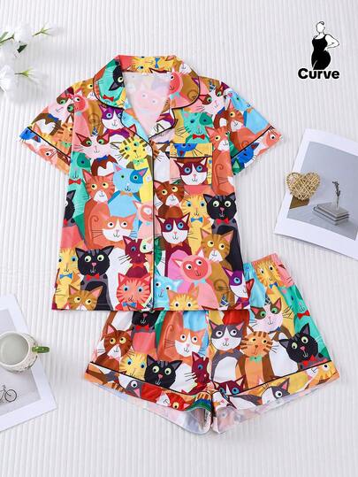 两件套彩色趣味可爱猫咪印花睡衣套装，舒适短袖开衫搭配松紧腰短裤，时尚百搭，适合室内外穿着，四季皆宜。