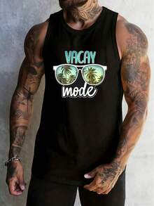 Men's Summer Letter & Palm Tree Printed Round Neck Casual Tank Top - 黑色 - 查看 3