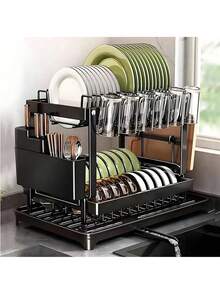 Dish Drying Rack,2-Tier Stainless Steel Dish Rack With Drainer Plate,Cup & Utensil Holder,Cutting Board Storage,Space-Saving Kitchen Organizer For Kitchen Counter & Sink,Mugs & Dinner Plates,Apartment Essentials,Kitchen Accessories,Home Decor,Black - View 2