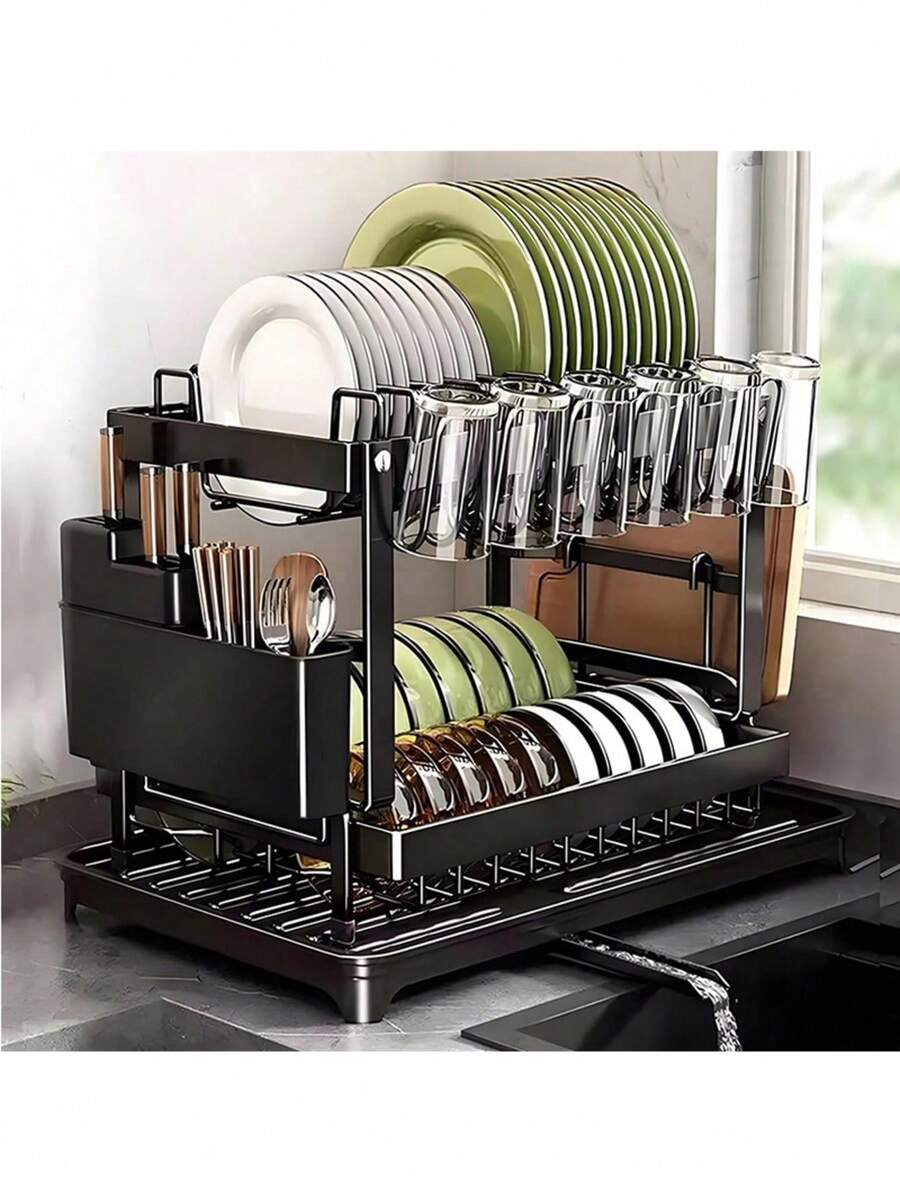 Dish Drying Rack,2-Tier Stainless Steel Dish Rack With Drainer Plate,Cup & Utensil Holder,Cutting Board Storage,Space-Saving Kitchen Organizer For Kitchen Counter & Sink,Mugs & Dinner Plates,Apartment Essentials,Kitchen Accessories,Home Decor,Black