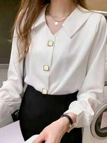 优雅长袖设计缎面衬衫，别致成熟港风 - 白色 - 查看 3