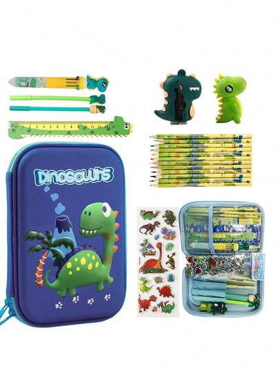 26pcs Stationery Set, Cute Unicorn & Dinosaur Pencil Case, 3D EVA Pencil Box With Compartments, Pencils, Erasers, Sharpener And Stickers, Stationery Supplies, Pink & Blue